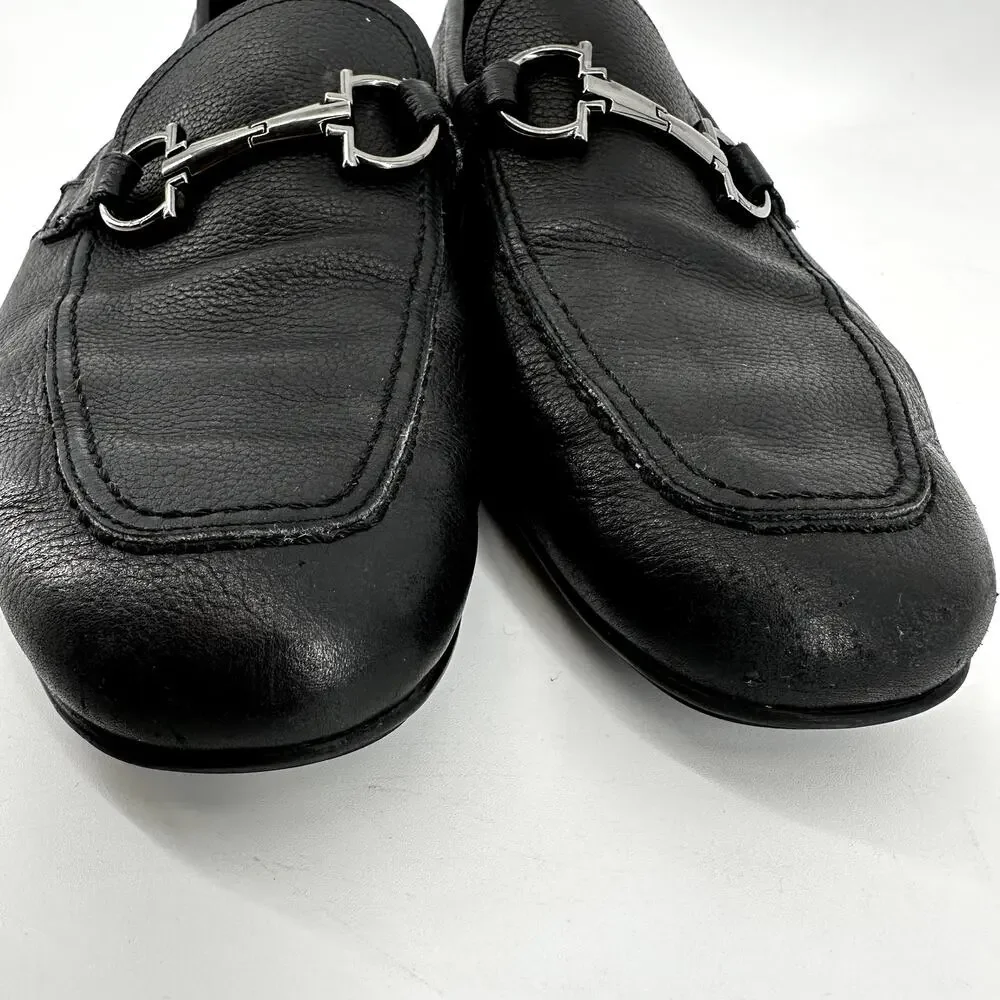 Salvatore Ferragamo Gancini Driving Loafers Pebbled Leather Slip On Black 6.5EE